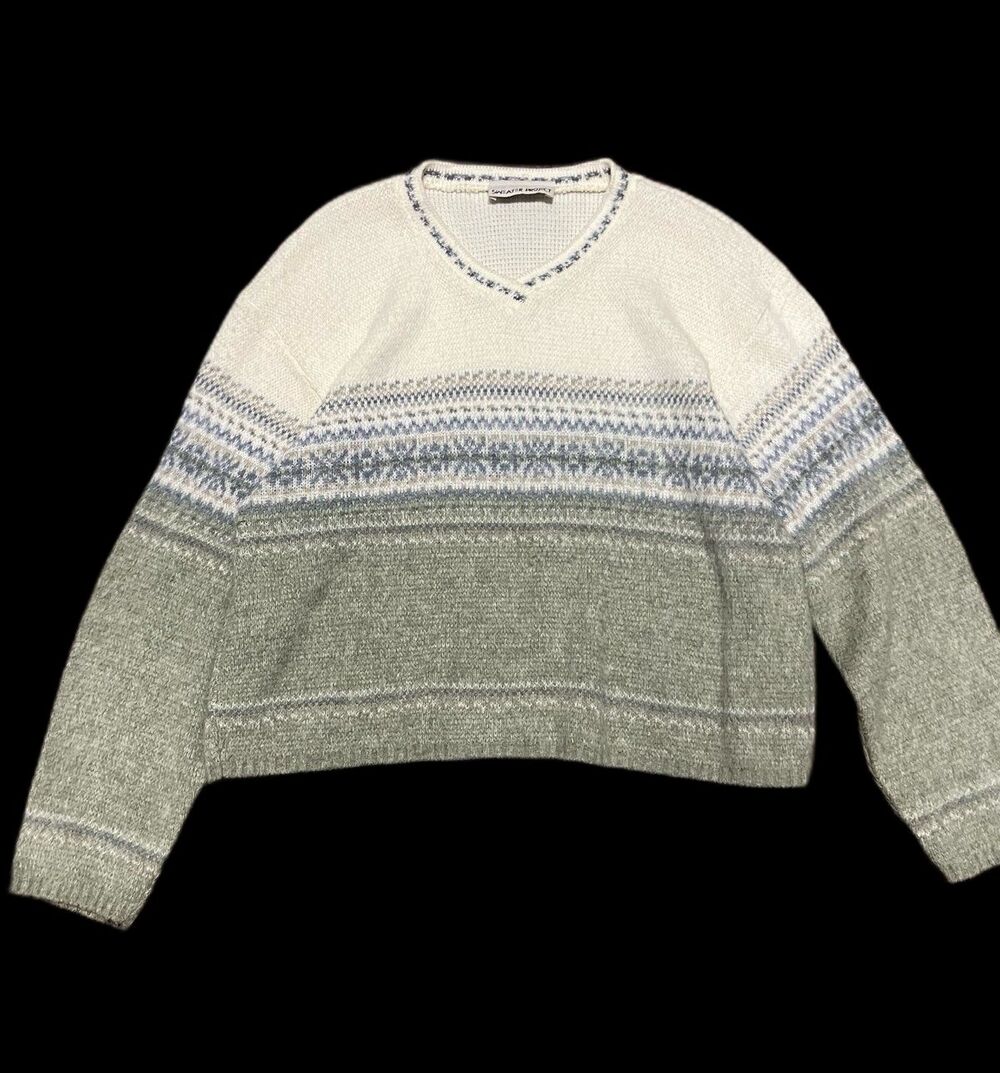 Vintage Sweater Project Fair Isle Knit Colorblock V-Neck Sweater Sage Cream M